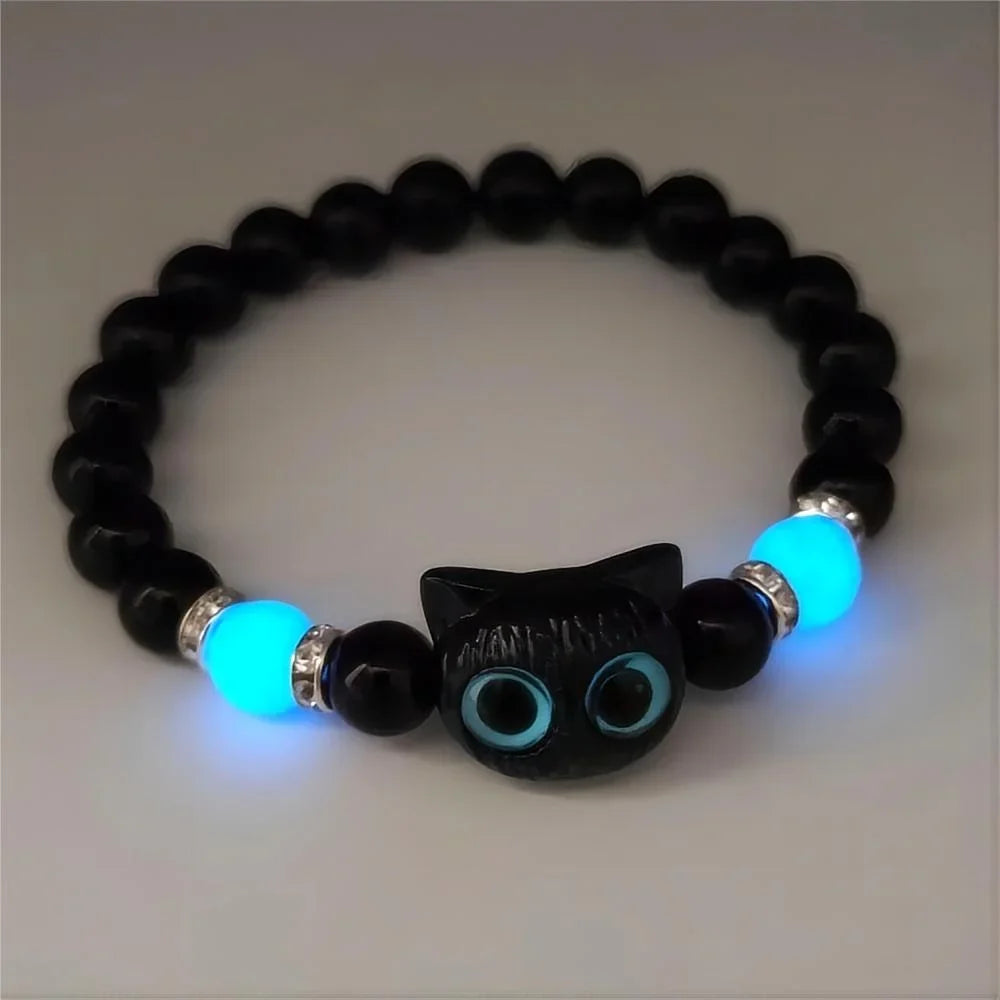 1 PC Matching Bracelets Couples Women Men Luminous Cute Cat Friendship Bracelete Black White Cat Head Bead Strand Bracelet