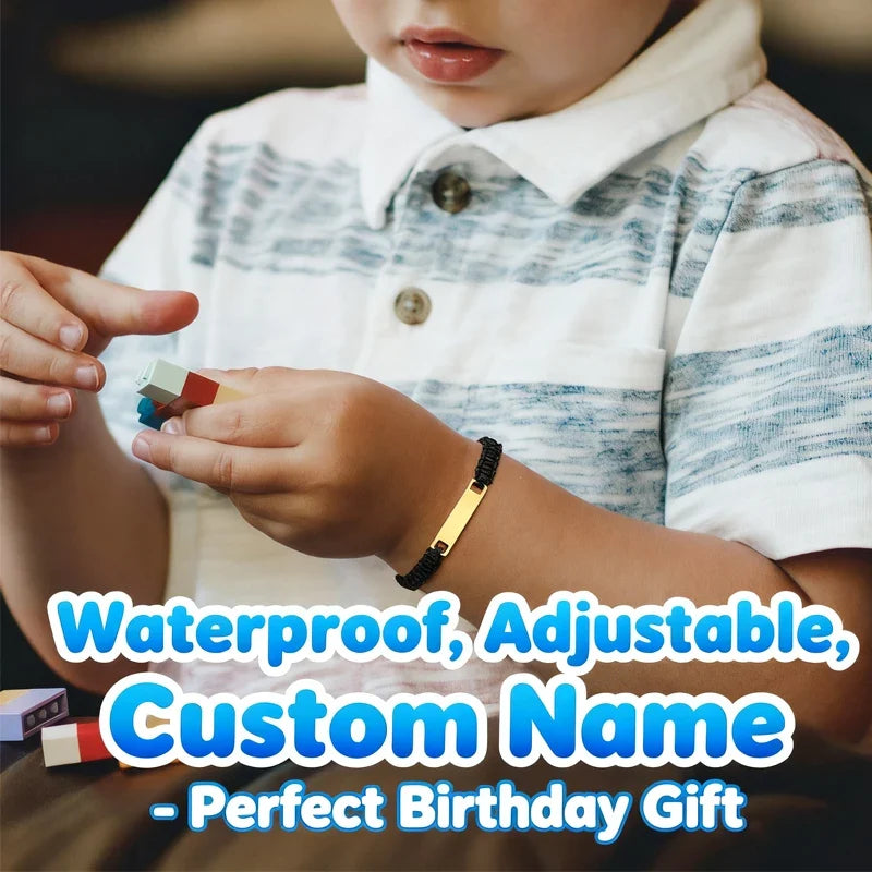 Personalized Name Bracelet for Girl Boy Child, Adjustable Braided Rope Custom ID Tag Bracelet, Engrave Birthday Christmas Gift