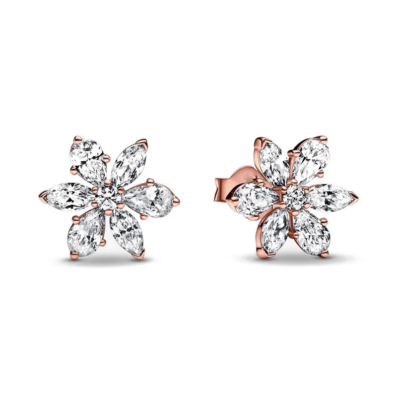 Rose Gold Color 925 Silver Sterling Flower Stud Earrings, Fit Women's Festival Christmas Charm Jewelry Gifts