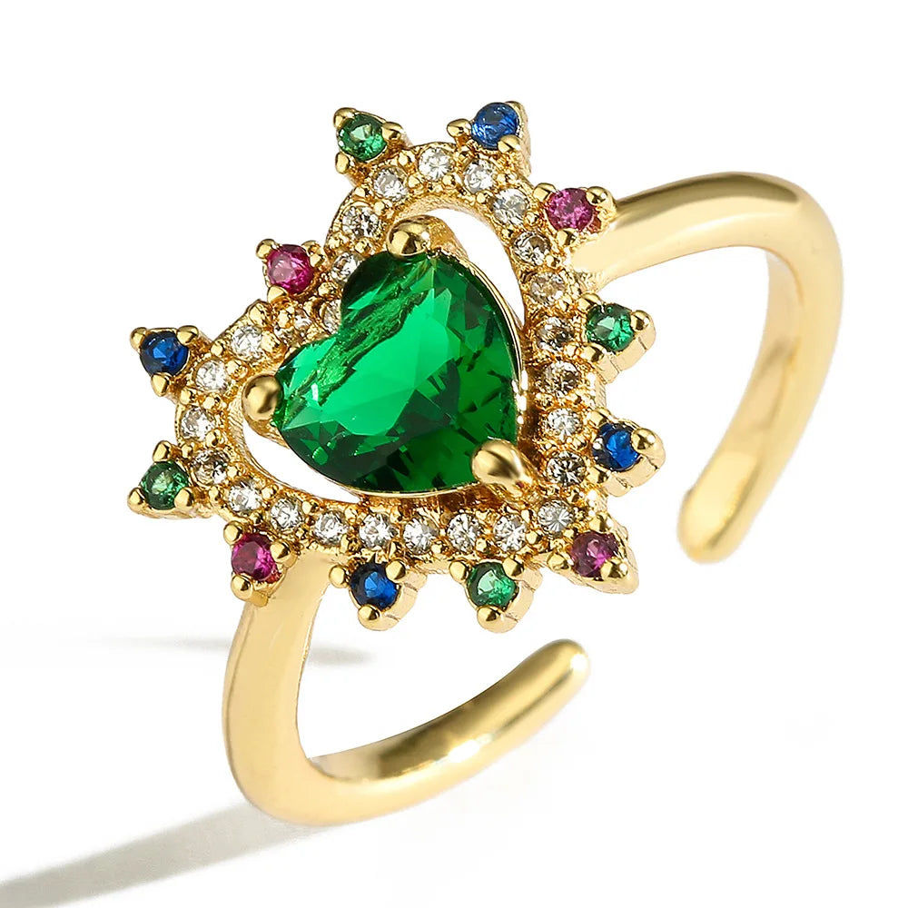 NEWBUY Fashion Colourful Cubic Zirconia Pave Setting Wedding Jewelry 2024 Trendy Gold Color Heart Charm Finger Ring For Women