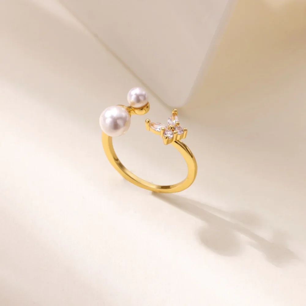Zircon Butterfly Imitation Pearl Ring For Women Stainless Steel Gold Color Ring 2025 New Fashion Wedding Couple Jewelry Gifts