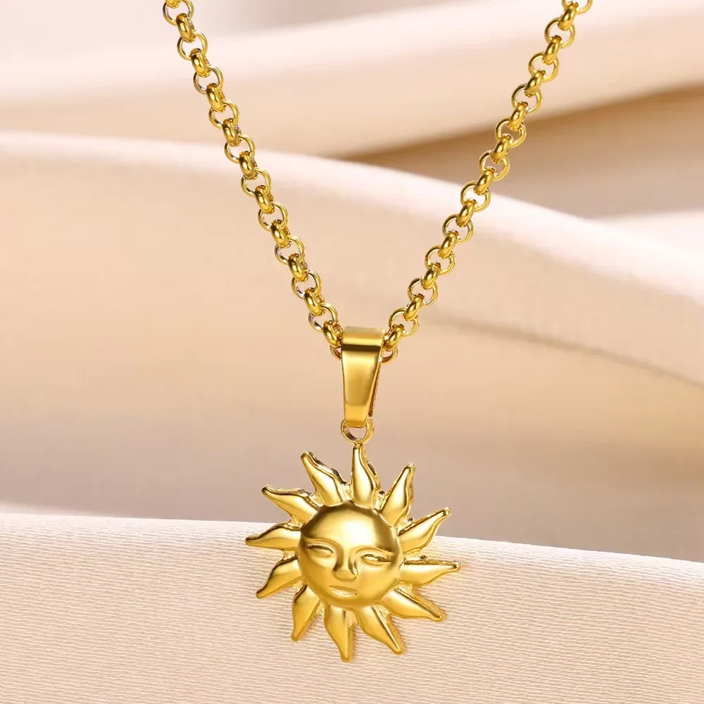 Stainless Steel Sun Sunflower Pendant Necklace For Women Gold Color Round Charm Clavicle Chain Necklaces Fashion Jewelry Gift