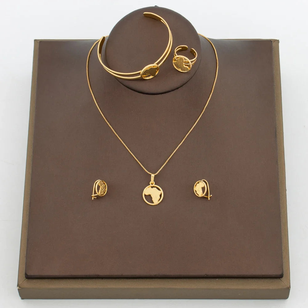 Stylish Girls Jewelry Set for Party Copper Gold Color Necklace and Hoop Earrings and Necklace Bangle Ring Set for Weddings Gifts