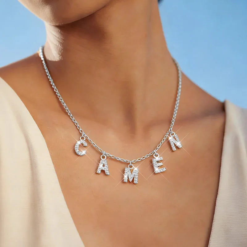 Customized Name With Initial Necklace for Women Mom, Charms Pave Letter Pendant, Stainless Steel Chain Link Adjustable