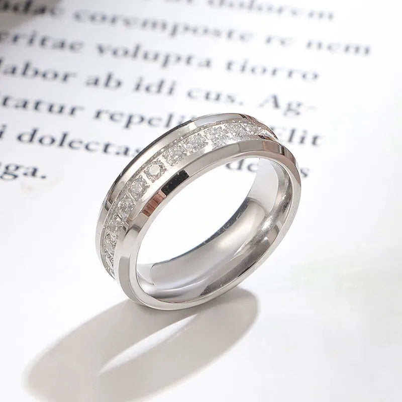 6mm Stainless Steel Groove CZ Eternity Ring Wedding Band for Women Men Size 5-10