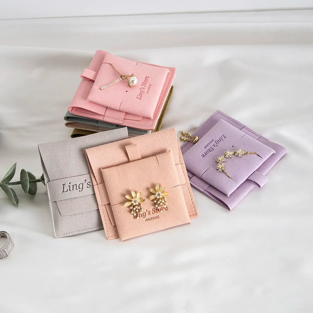 20/50/100pcs Personalized Logo Jewelry Microfiber Strip 8x8cm Bag Insert With 6x6cm Pad Card For Earrings Studs Necklace Pendant