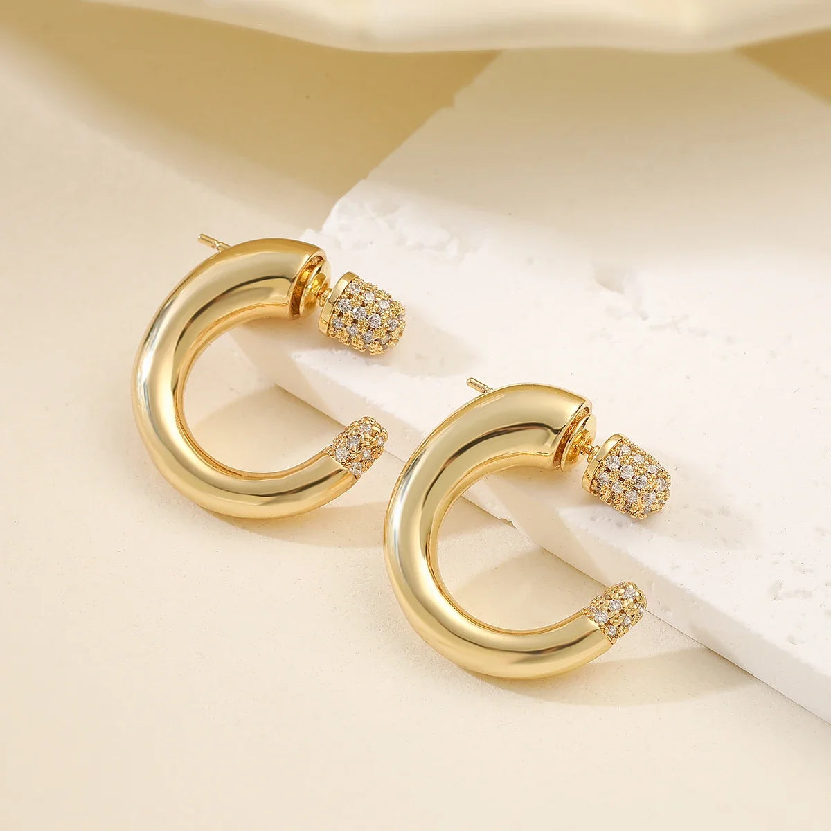NEWBUY 2025 New Fashion Gold Color Unique Design C Shape Stud Earrings For Elegant Women Shiny AAA CZ Inlay Wedding Jewelry