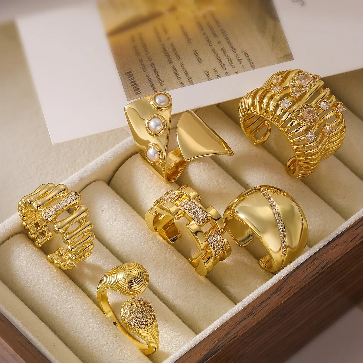 NEWBUY Delicate Gold Color Statement Design CZ Party Rings For Elegan Women Finger Accessories