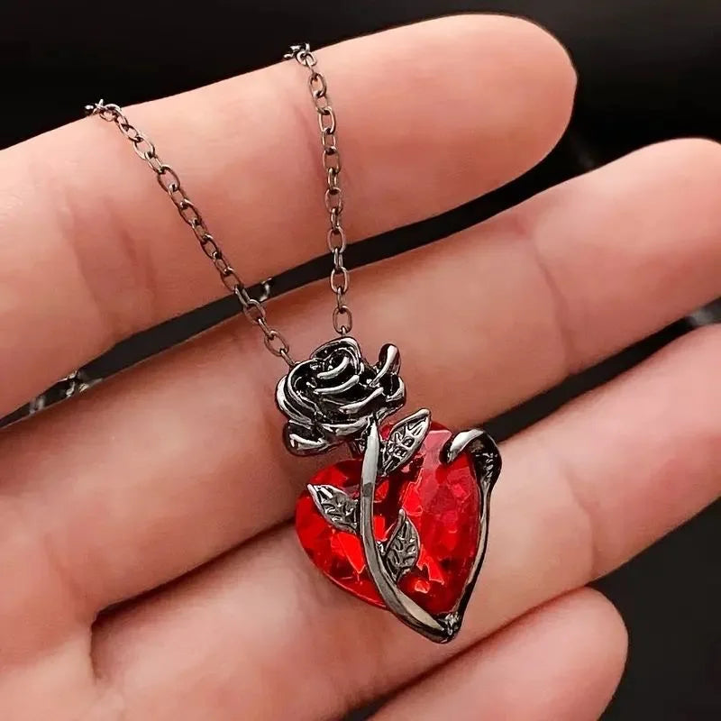 Luxurious Red Crystal Heart Necklace, Vintage Black Rose Floral Pendant, Elegant Fashion Jewelry Gift for Women