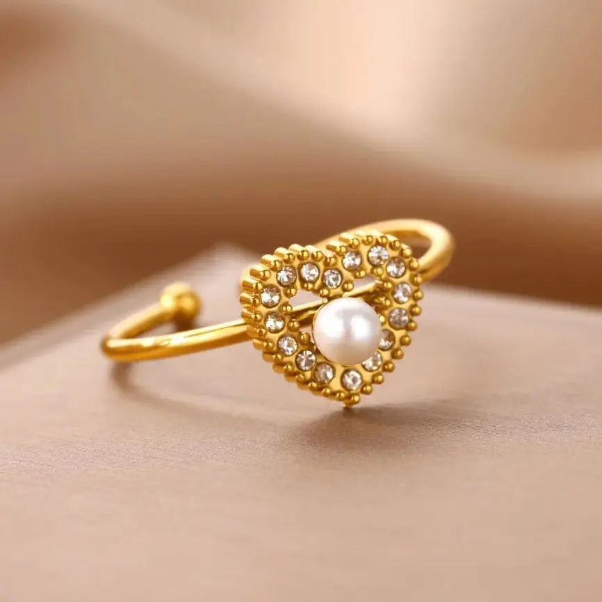 Stainless Steel Four Leaf Clover Rings For Women Gold Color Zircon Opening Couple Ring Aesthetic Wedding Bohemian Jewelry Gift
