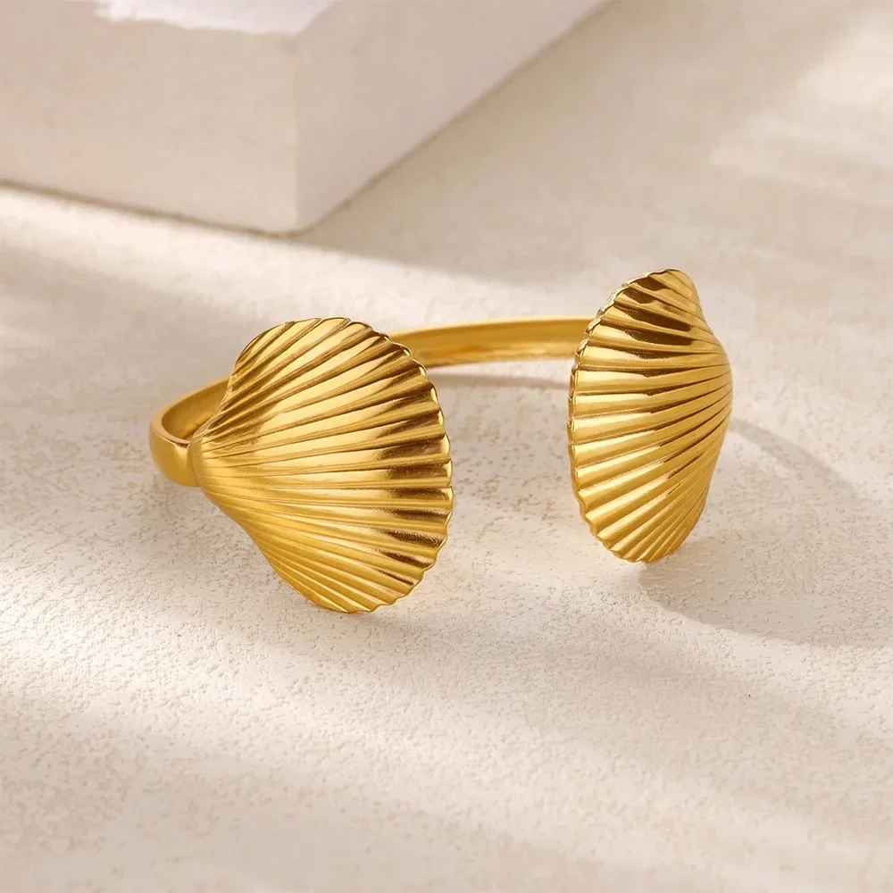 Summer Waterproof Cuff Bangles Bracelet For Women Cute Flower Double Layer Open Stainless Steel Gold Color Star Shell Jewelry