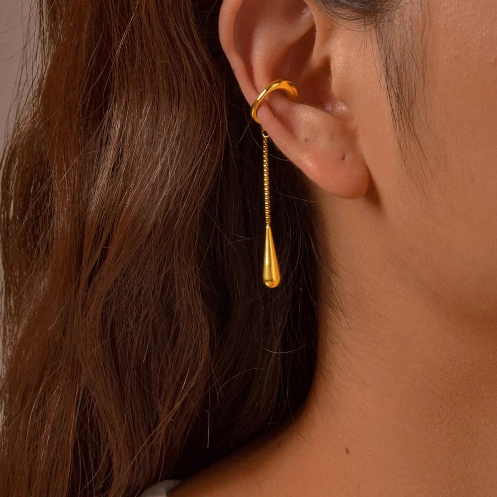 C-shaped Metal Teardrop Tassel Ear Cuff Clip Earrings for Women 1piece, No Piercings, Ear Cartilage Clips