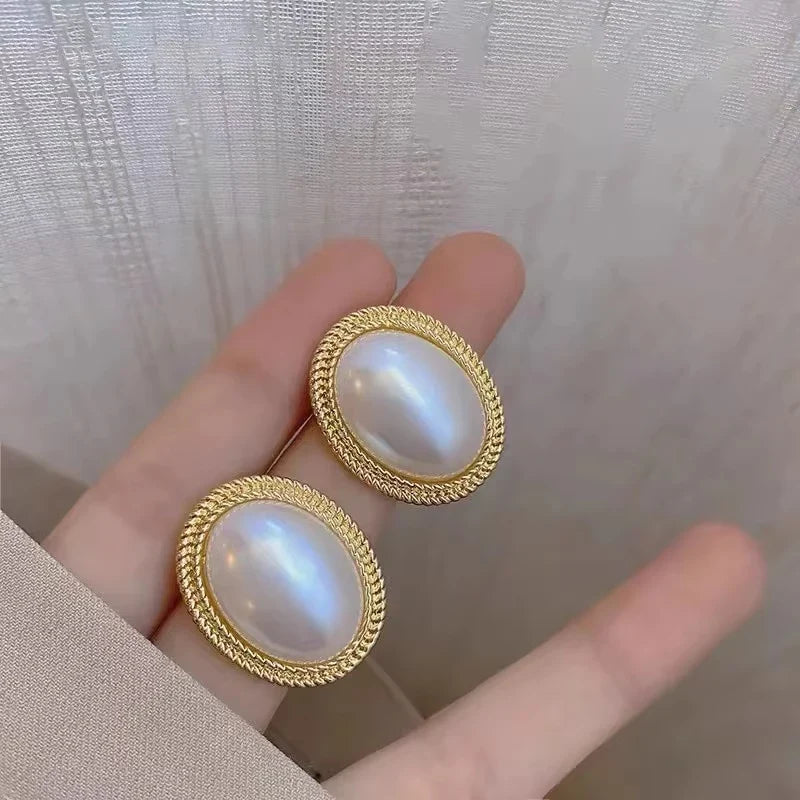 Imitation Pearl Zircon Retro Elegant Irregular Oval Square Hollow Out Earrings for Women Party Autumn Winter Jewelry