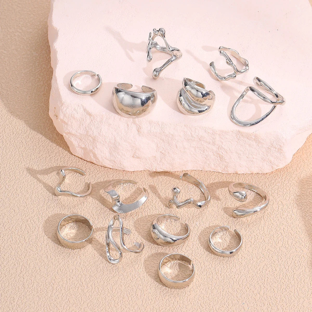 15Pcs Punk Smooth Geometric Open Rings Set For Women Exaggerated Irregular Silver Color Thick Chunky Ring Hip Hop Jewelry Gifts