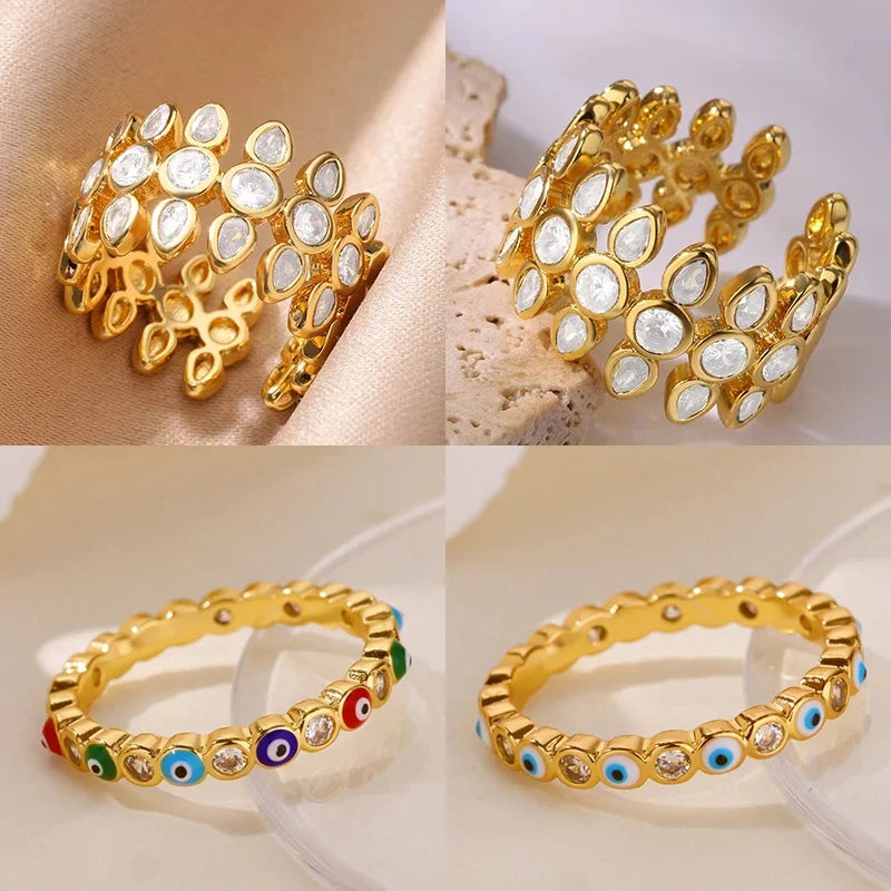 White Zircon Geometric Stainless Steel Rings For Women Gold Color Adjustable Wedding Aesthetic Ring Jewelry Gift Accessories