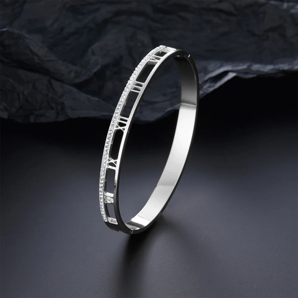 Luxury Crystal Hollow Roman Numeral Bracelets For Women Men Stainless Steel Unisex Bangle Fashion Classic Jewelry Accessories