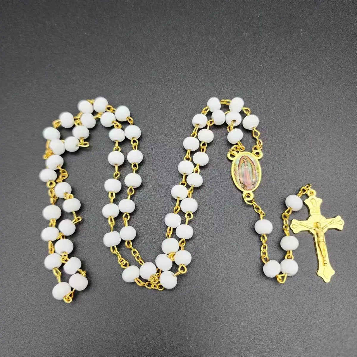 White Wooden Rosary Necklace For Women Crucifix Cross Pendant Long Chain Necklace Men  Religious Catholic Prayer Jewelry