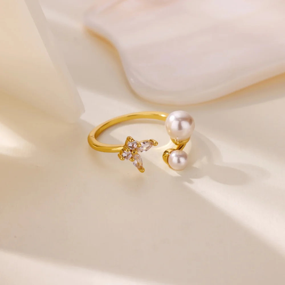 Zircon Butterfly Imitation Pearl Ring For Women Stainless Steel Gold Color Ring 2025 New Fashion Wedding Couple Jewelry Gifts
