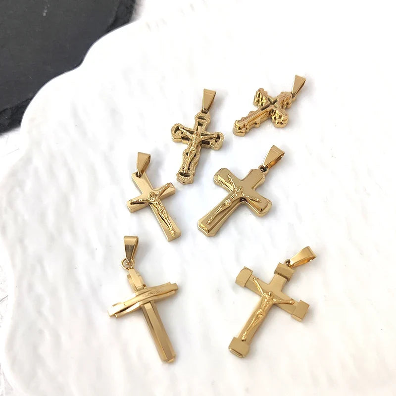 Stainless Steel Jesus Cross Pendant 18K Gold Plated Elegant Christian Symbol Jewelry for Men Women Church Outfit Accent