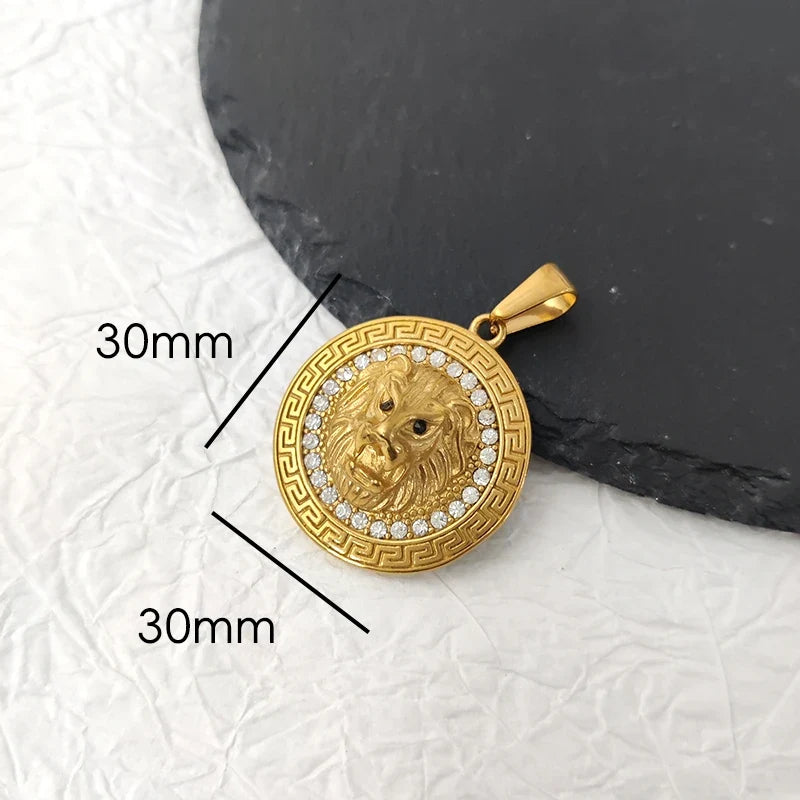 Men's Rock Hip Hop Crystal Inlay Lion Head Pendant Fashion Creative Stainless Steel Gold Color Party Club Charm Jewelry