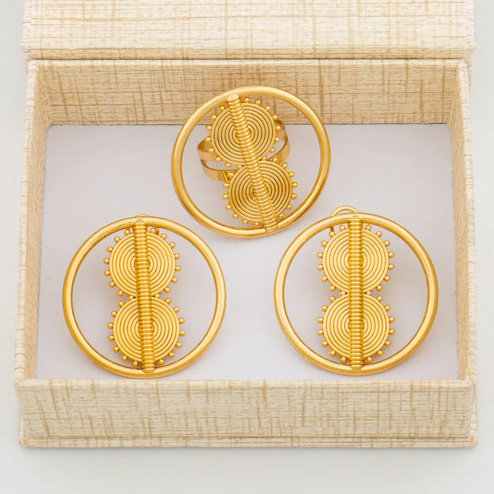 Earrings with Ring Jewelry Set for African 18k Gold Color Clip Earrings Finger Ring 2Pcs Set with Gift Box Luxury Jewelry Bride
