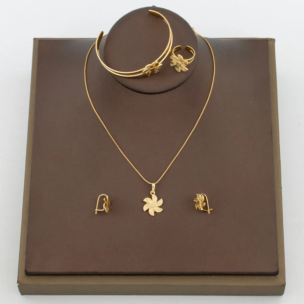 Stylish Girls Jewelry Set for Party Copper Gold Color Necklace and Hoop Earrings and Necklace Bangle Ring Set for Weddings Gifts
