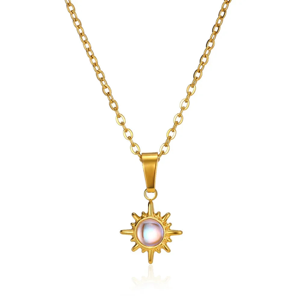Stainless Steel Sun Sunflower Pendant Necklace For Women Gold Color Round Charm Clavicle Chain Necklaces Fashion Jewelry Gift