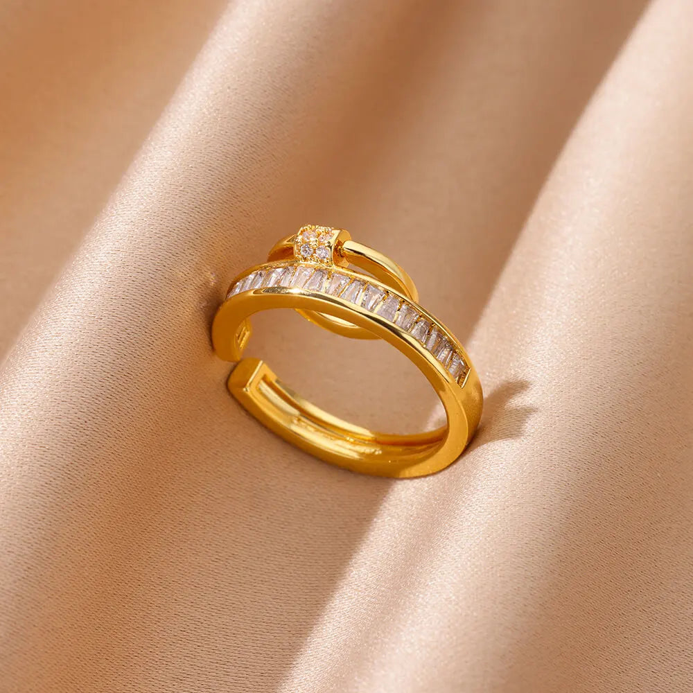 Zircon Geometric Rings For Women Luxury Stainless Steel Gold Color Open Ring Trendy Wedding Party Aesthetic Jewerly Gift Femme