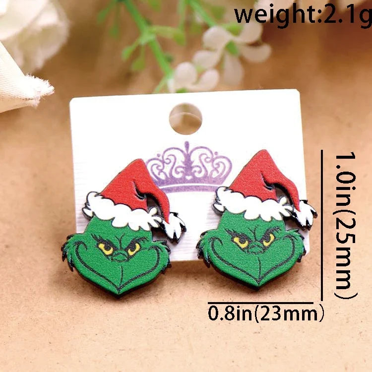 Custom Santa Hats Tree Mouse Head Turkey Glitter Acrylic Christmas Stud Earrings Stainless Steel Jewelry Wholesale