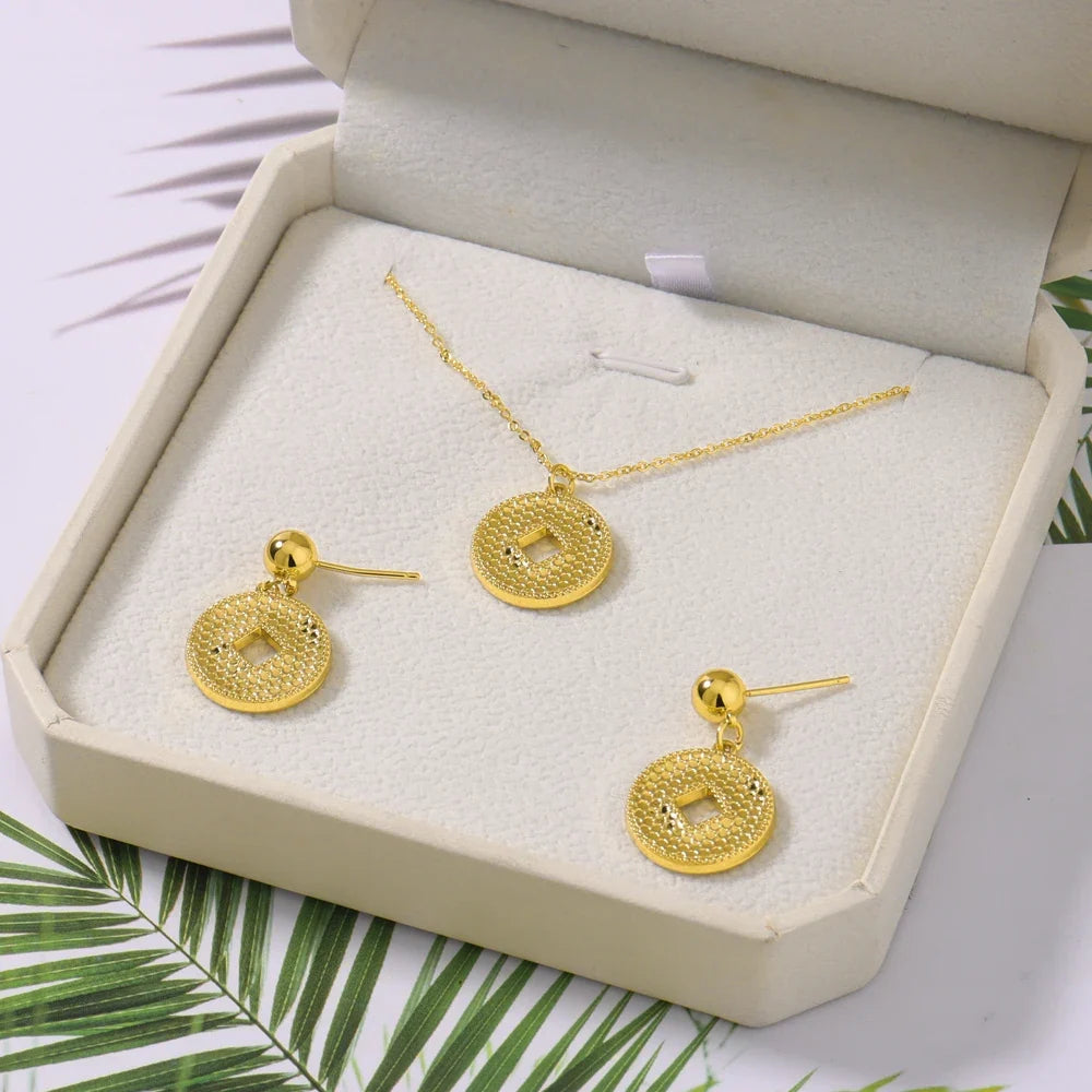 Dubai Gold Color Pendant Necklaces jewelry for Women Costume Necklace Earrings Sets Nigerian Wedding Party Gifts