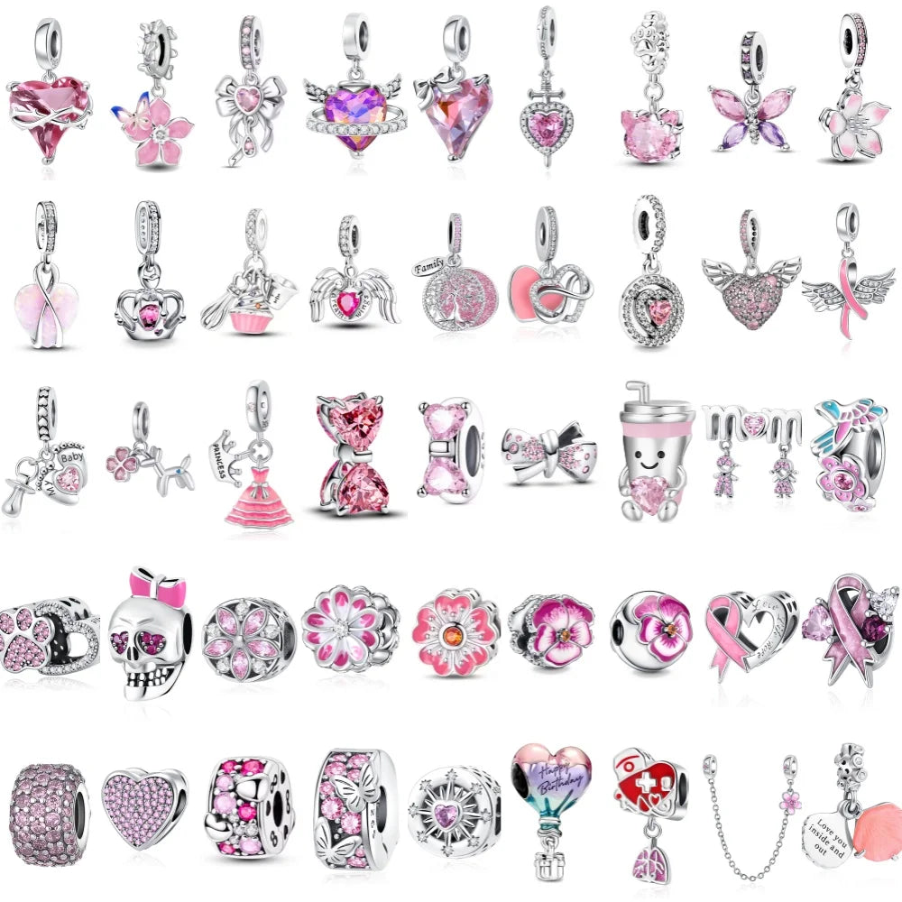 2026 Spring Pink Series Ballon Butterfly Flower Pendant Fit S925 European 925 Sterling Silver Bracelet Bangles Necklace