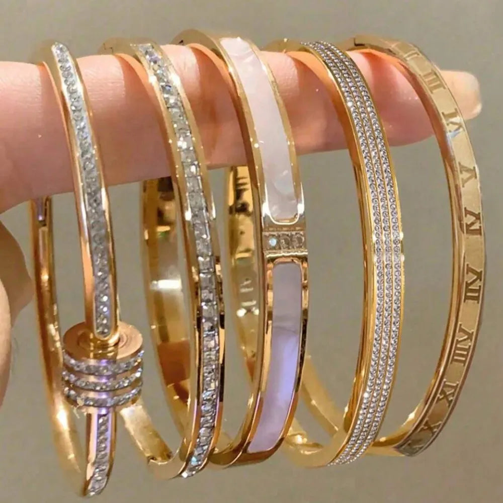 Yupsk Titanium Steel Couple's Bracelet Shiny Zircon Inlaid Stainless Steel Bangles Gold/Silver Color Female Jewelry Gift