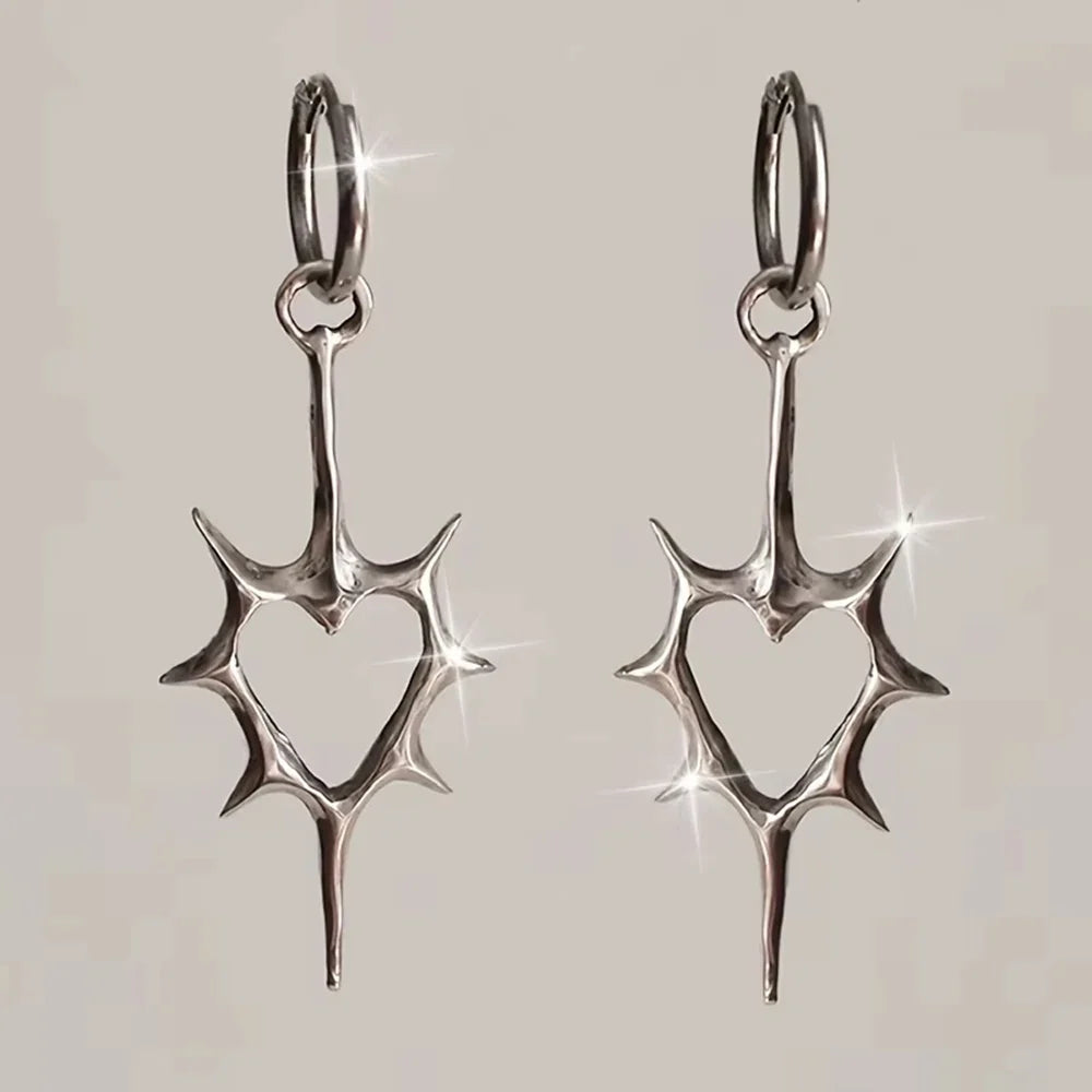 2pcs Punk Rock Hollow Thorns Love Heart Pendant Hoop Earrings for Women Men, Lover Fashion Cool Rivets Spike Earings Jewelry