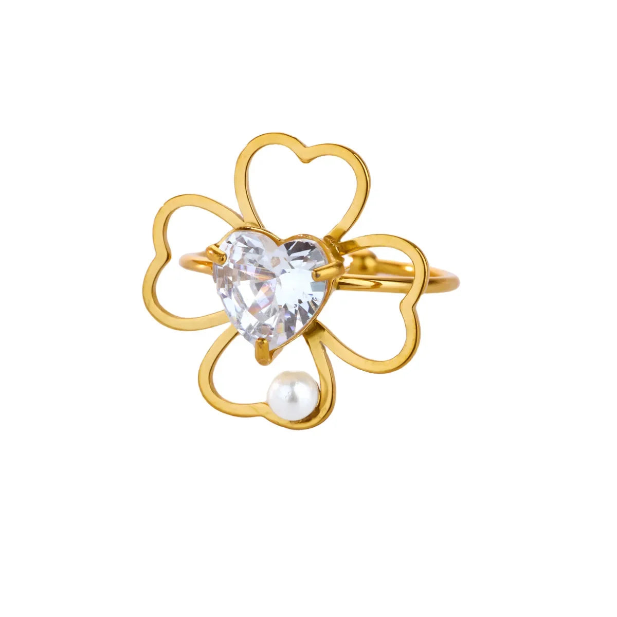 Stainless Steel Four Leaf Clover Rings For Women Gold Color Zircon Opening Couple Ring Aesthetic Wedding Bohemian Jewelry Gift