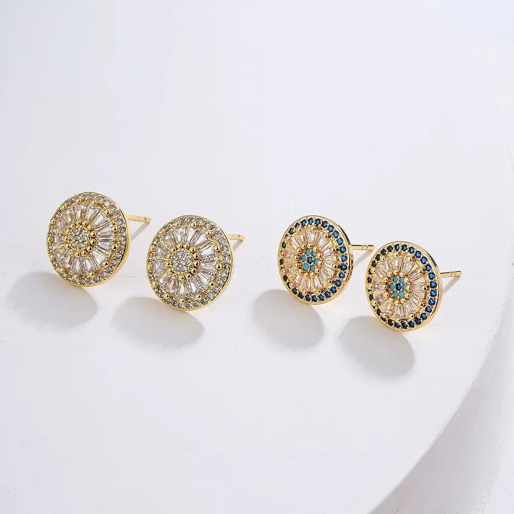 NEWBUY Luxury AAA Cubic Zirconia Pave Setting Copper Jewelry Gold Color Round Stud Earrings For Women Girl