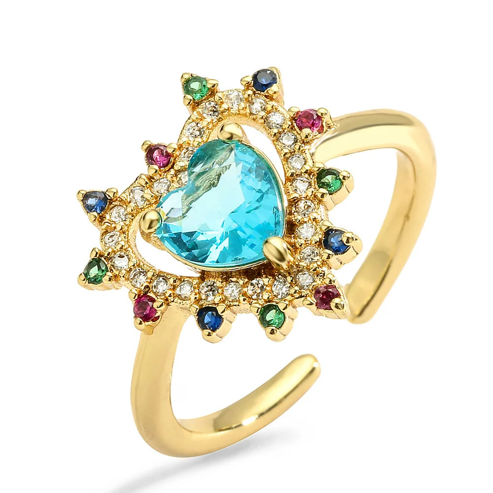 NEWBUY Fashion Colourful Cubic Zirconia Pave Setting Wedding Jewelry 2024 Trendy Gold Color Heart Charm Finger Ring For Women