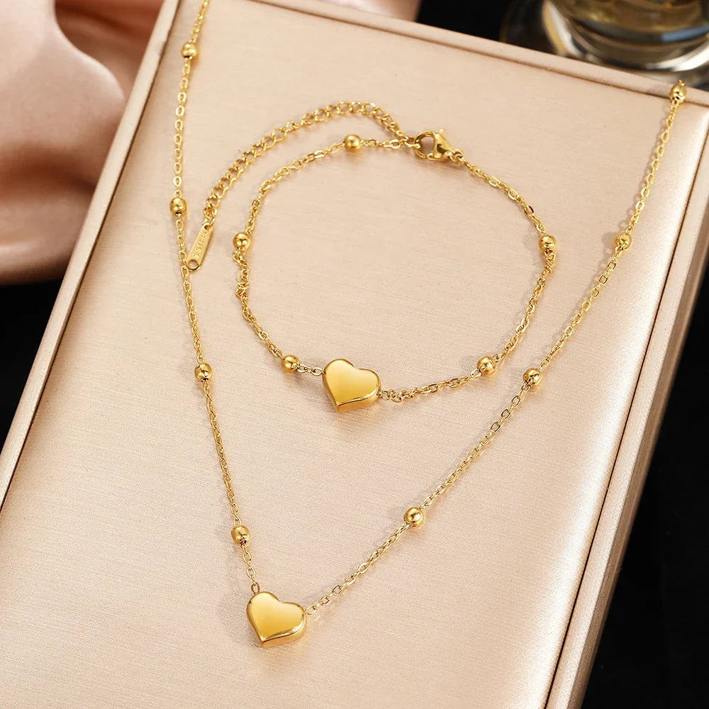 DOTIFI Stainless Steel Stereoscopic Heart Pendant Necklace Bracelet Jewelry Set Simple Fashion Commuter For Women Jewelry Gift