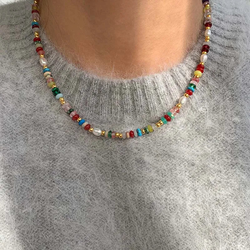 Fashion Colorful Beads Stone Natural Freshwater Pearl Necklaces For Women Retro Gold Color Clavicle Chain Necklace Jewelry Gifts