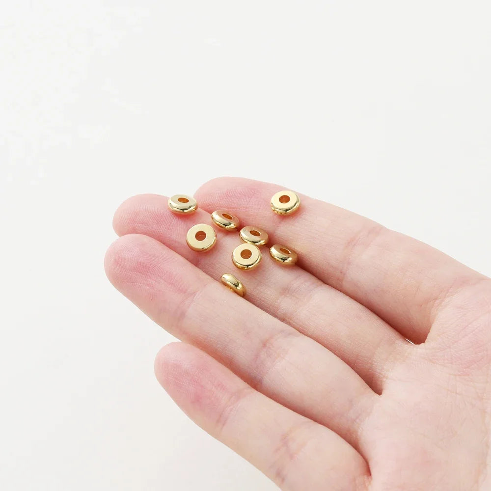 50pcs/lot 14K/18K Gold Color Plated Brass 4mm 5mm 6mm Round Spacer Beads Flat Bracelet Beads for DIY Jewelry Accessories