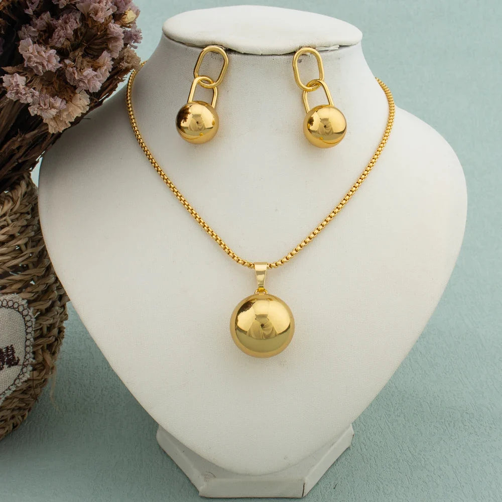 Simple Geometric Metal Necklace Earrings Set Globular Pendant for Women Stainless Steel Gold Plated Non-fade Trendy Jewelry