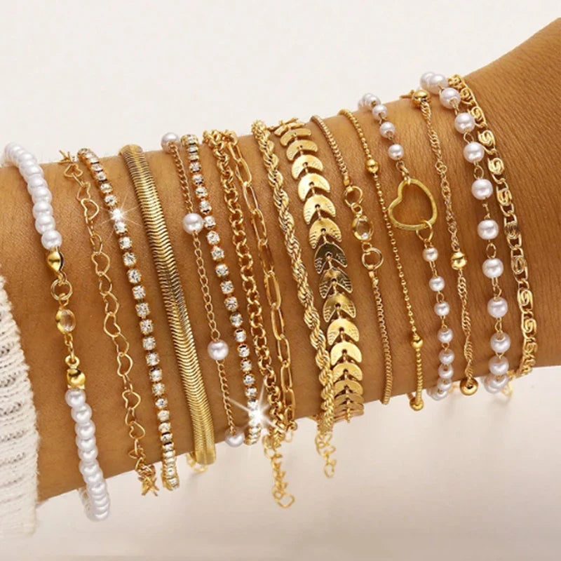 16pcs Minimalist Heart Pearl Rhinestone Snake Chain Bracelet Set for Women Elegant Gold Color Dates Vacations Daily Wear Jewelry