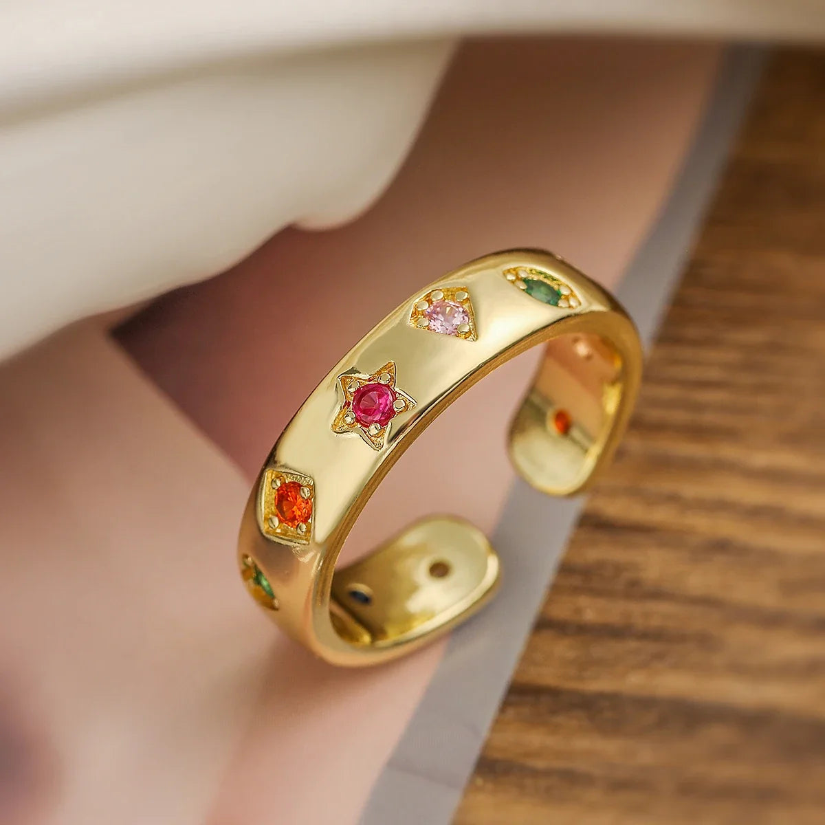 NEWBUY 2024 New Fashion Gold Color Colourful AAA CZ Zircon Inlay Jewelry Open Design Wedding Bands Rings For Women Girl