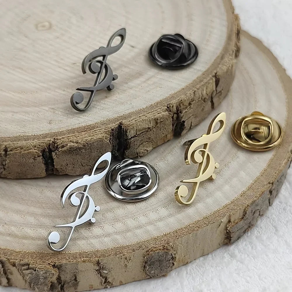 New music symbol men's lapel pin, 316L stainless steel gold-plated badge, black brooch for suit accessories, gift for father