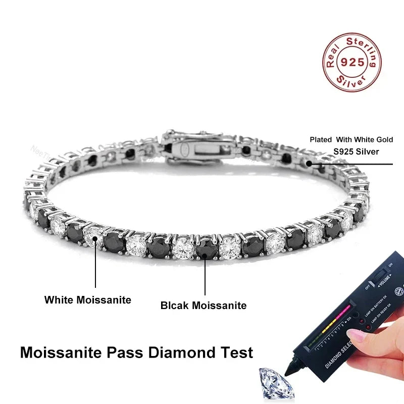 NeeTim Black and White All Moissanite Tennis Bracelets for Women Man s925 Sterling Silver Plated White Gold Hip Hop Bracelet