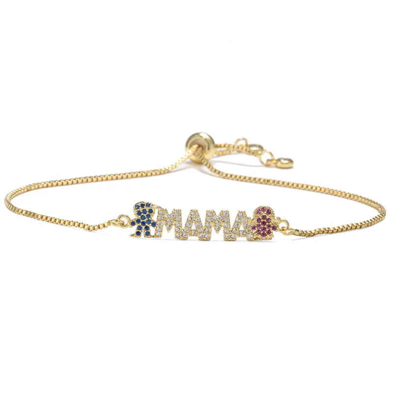 Fashion Gold Color "Mama" Charm Bracelets For Women Girl Adjustable Chain Length Luxury CZ Jewelry Gift For Mom