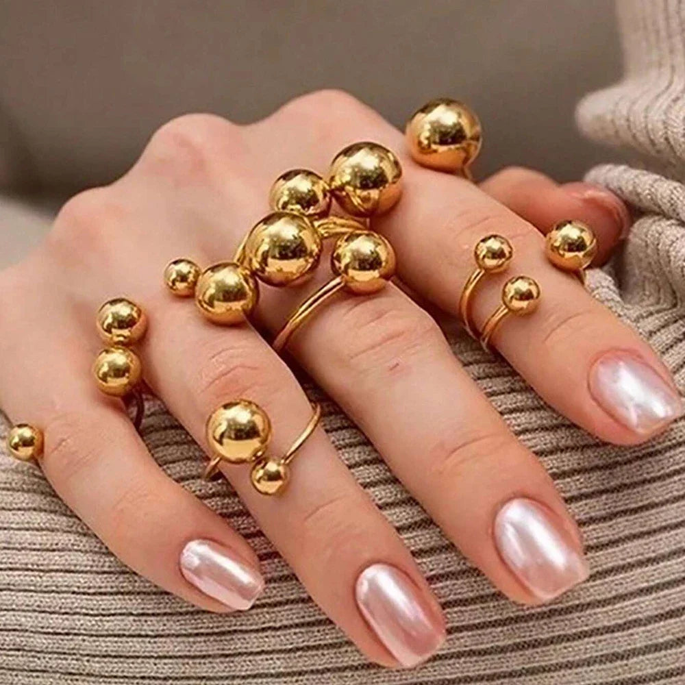 Punk Chunky Ball Rings For Women Men Gold Color Stainless Steel Anxiety Beads Ring Trendy Jewelry Finger Accessories Gift BFF