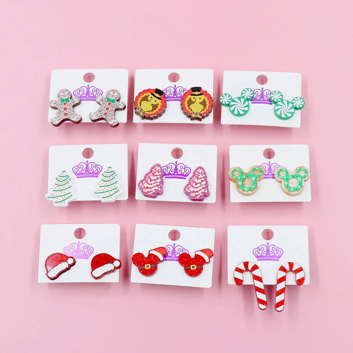Custom Santa Hats Tree Mouse Head Turkey Glitter Acrylic Christmas Stud Earrings Stainless Steel Jewelry Wholesale