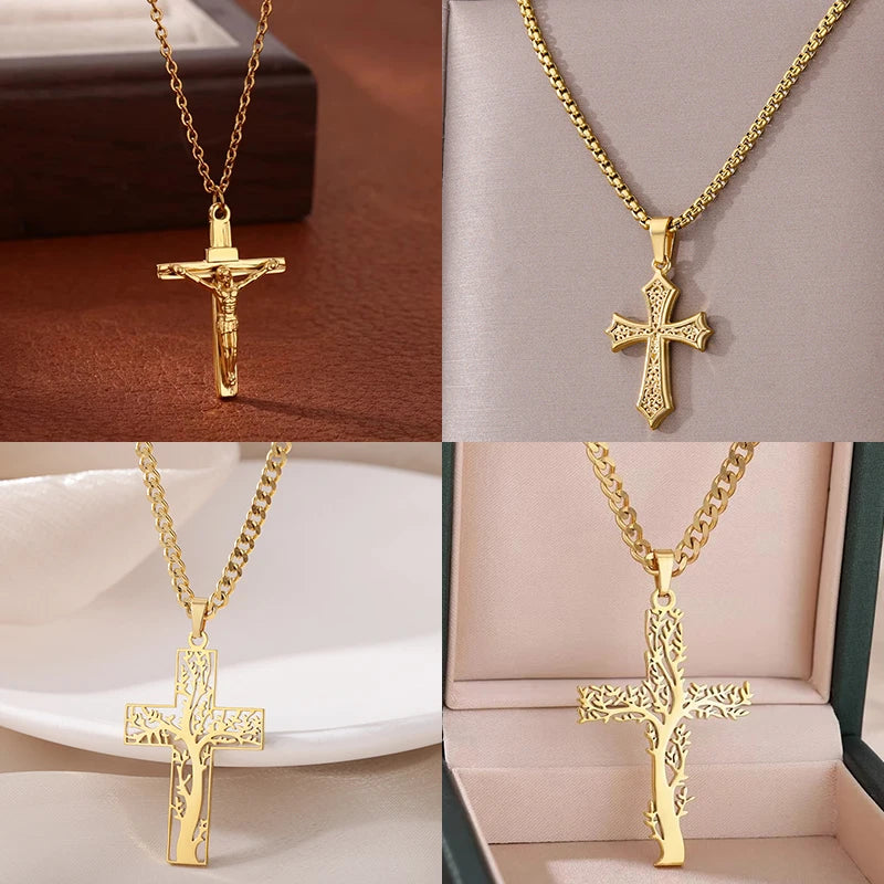 Stainless Steel Cross Necklace For Women Gold Color Chain Cross Pendant Necklaces Retro Religion Jewelry Gift bijoux femme