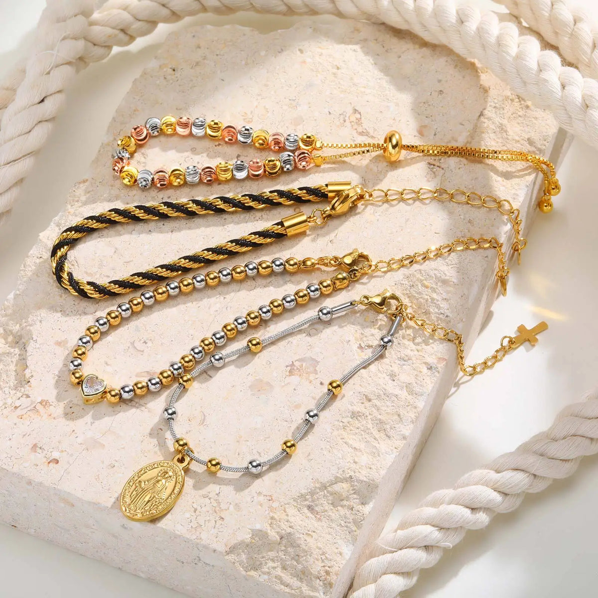 Two Tone Chain Bracelet for Women, Chunky Mixed Metal Link, Stainless Steel Waterproof Jewelry, Stylish Adjustable Wristband