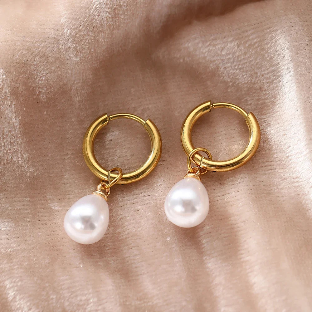 Stainless Steel Teardrop-Shaped Imitation Pearl Pendant Earrings Women's Everyday Commute Elegant Style Ear Jewelry Accessories